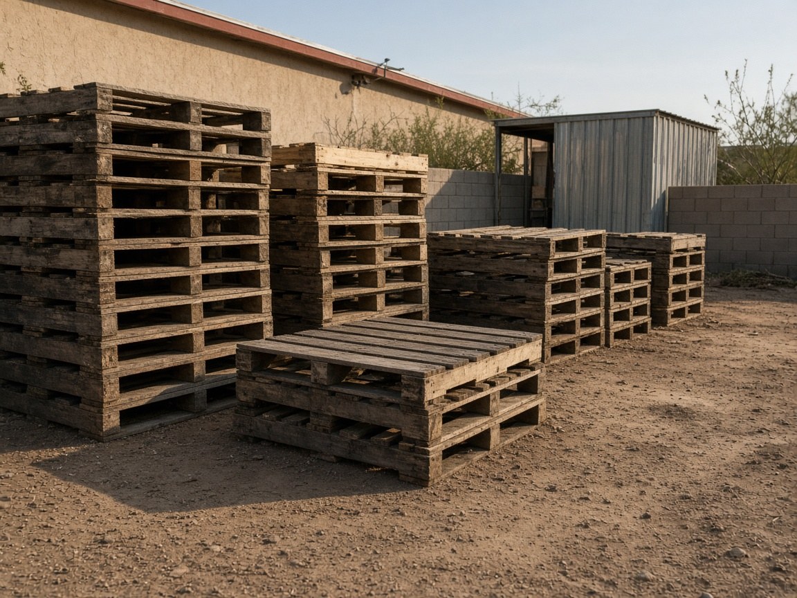 Used wooden pallets stacked in a Las Cruces yard